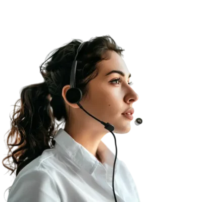 A young woman wears a telemarketer's headset.