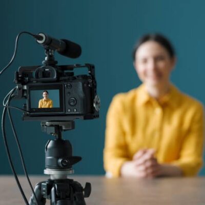 A woman smiling into a video camera.