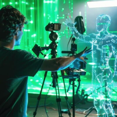 A man directs a robot in front of a video camera.