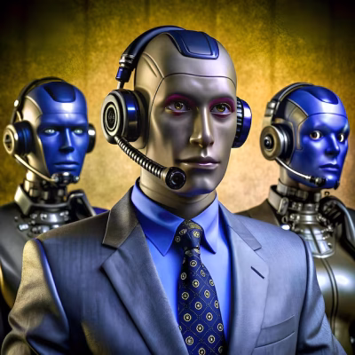 Robots wearing business suits sit in rows wearing telemarketers' headsets.